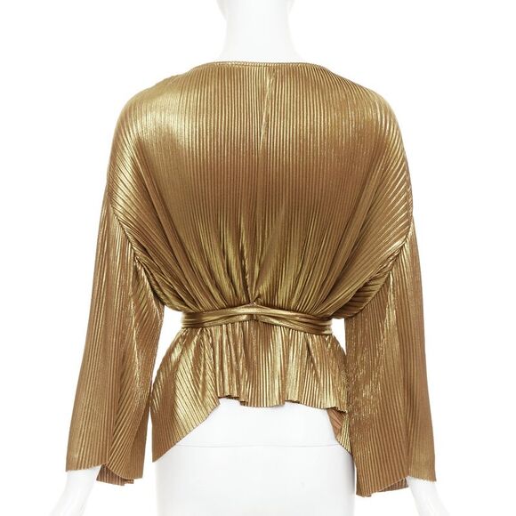 HALSTON HERITAGE gold accordion pleated gathered shoulder tie goddess top US10 L